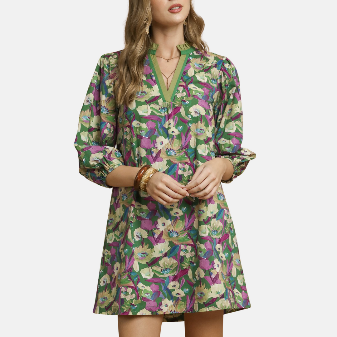 Green Floral Colorblock Dress