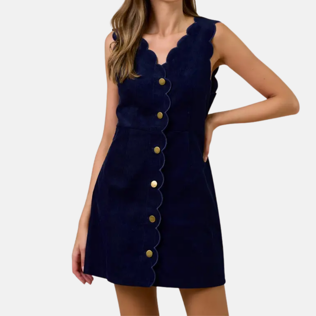 Navy Corduroy Scalloped Dress