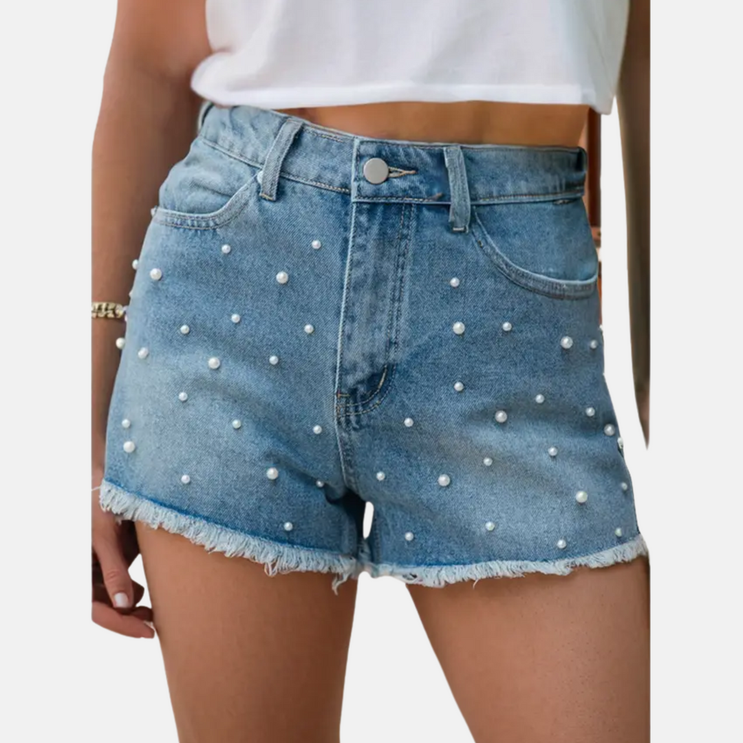 Pearl Beaded Denim Shorts