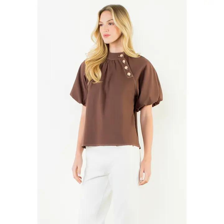 Puff Sleeve Gold Side Buttons Top