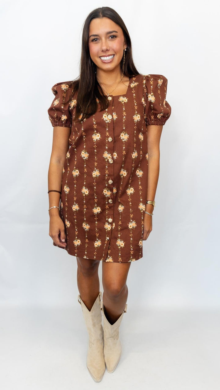 Chocolate Floral Gold Button Dress