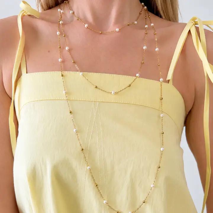 Gold Bead & Freshwater Pearl Chain Necklace 36" - Abide Boutique
