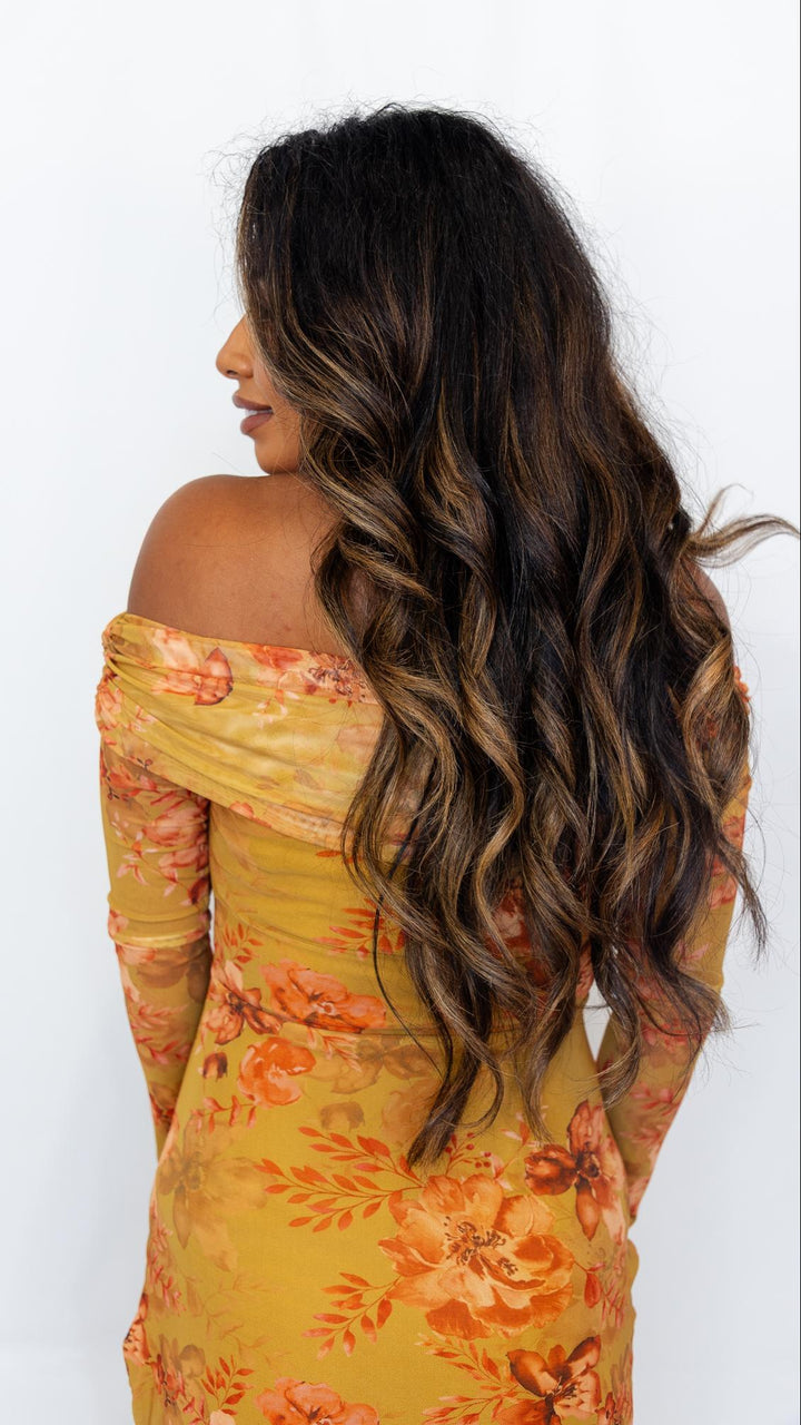 Off Shoulder Floral Mesh Dress
