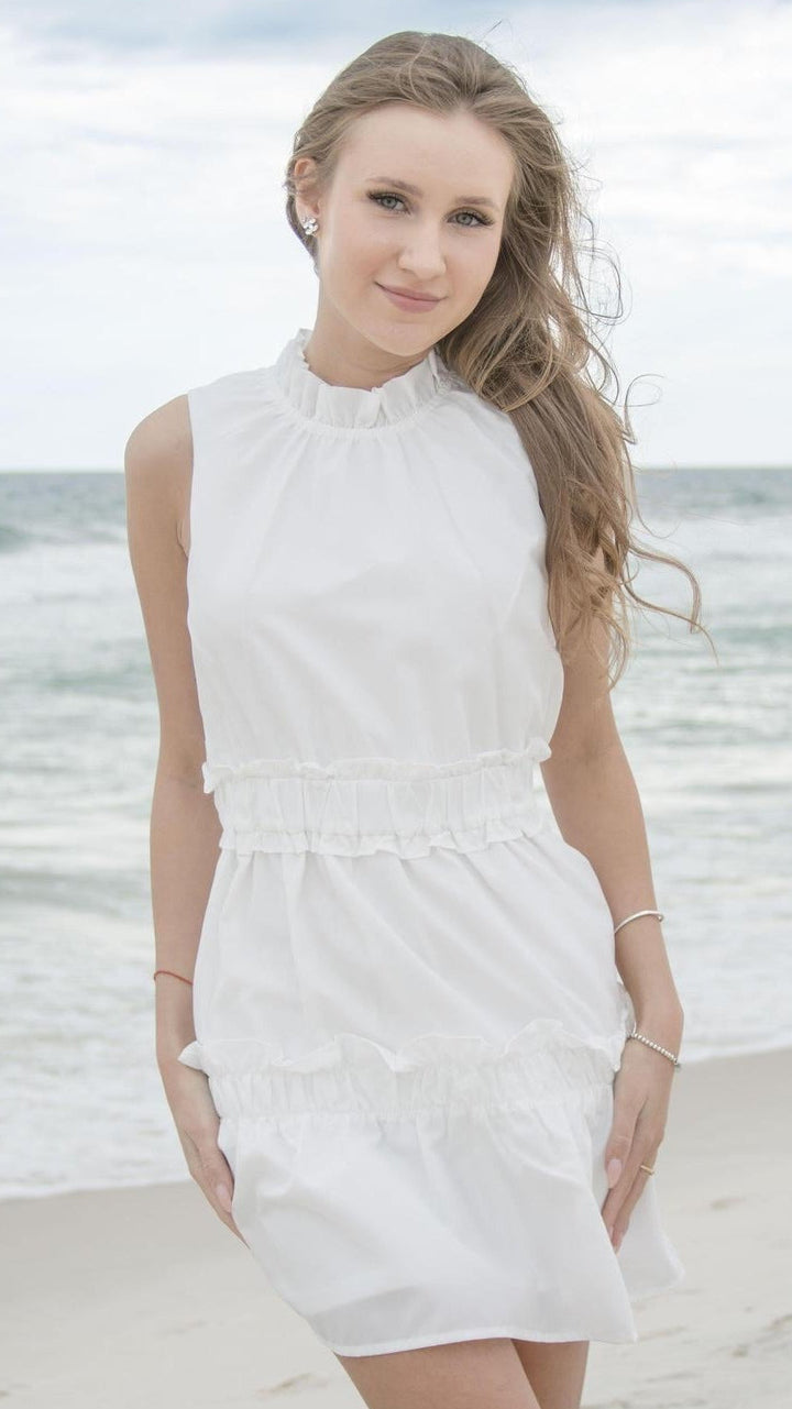 Mock Neck White Ruffle Dress