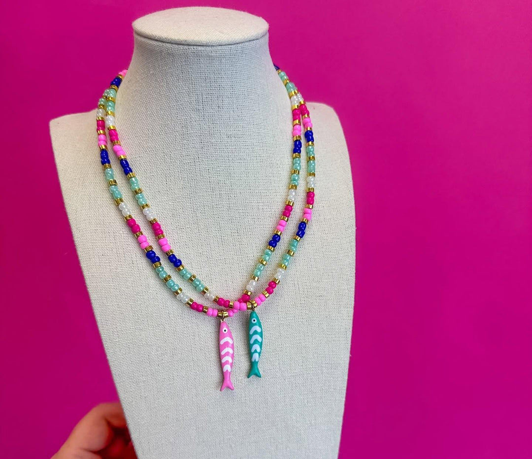 Multi Bead Fish Necklace Pink