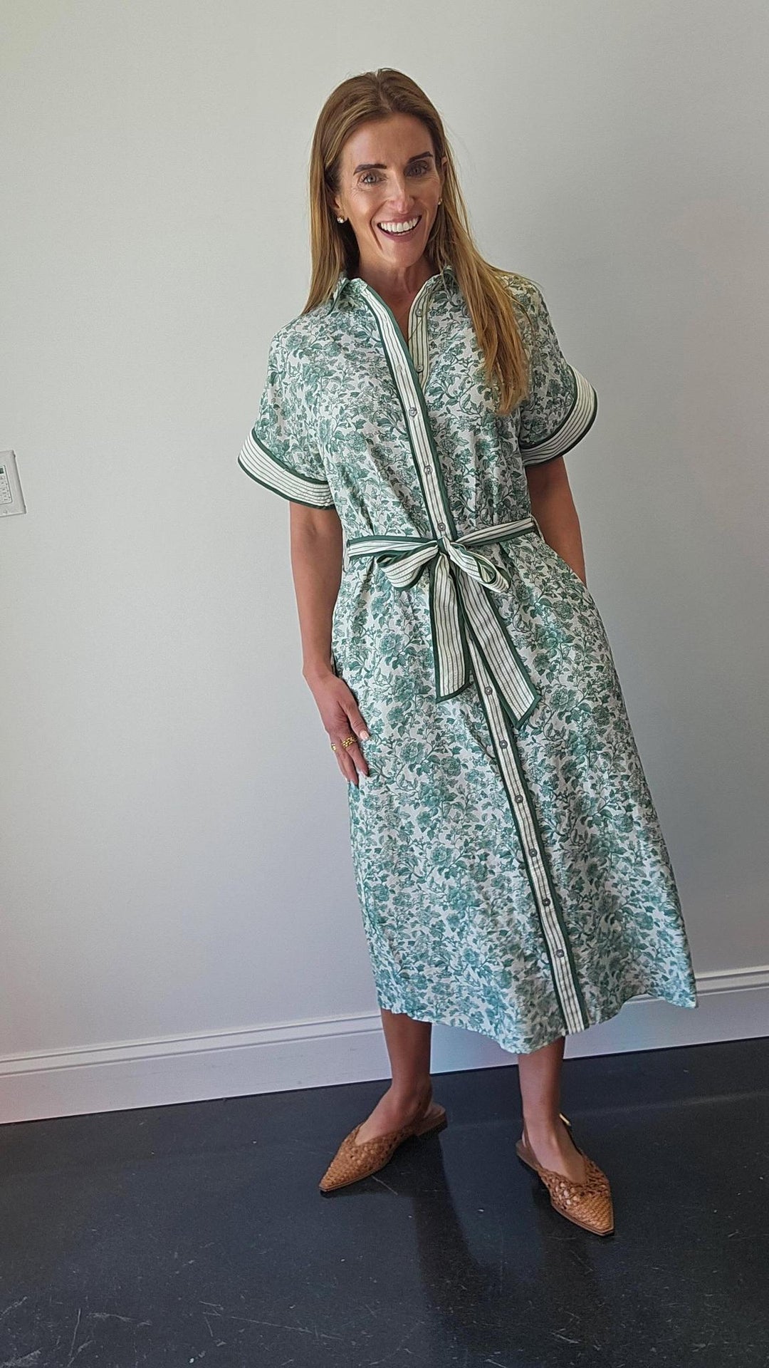 Green Floral Button Midi Dress
