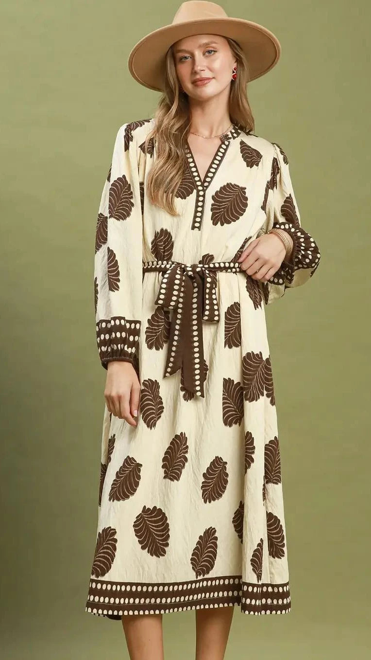 Mix Leaf Print Belted Midi Dress