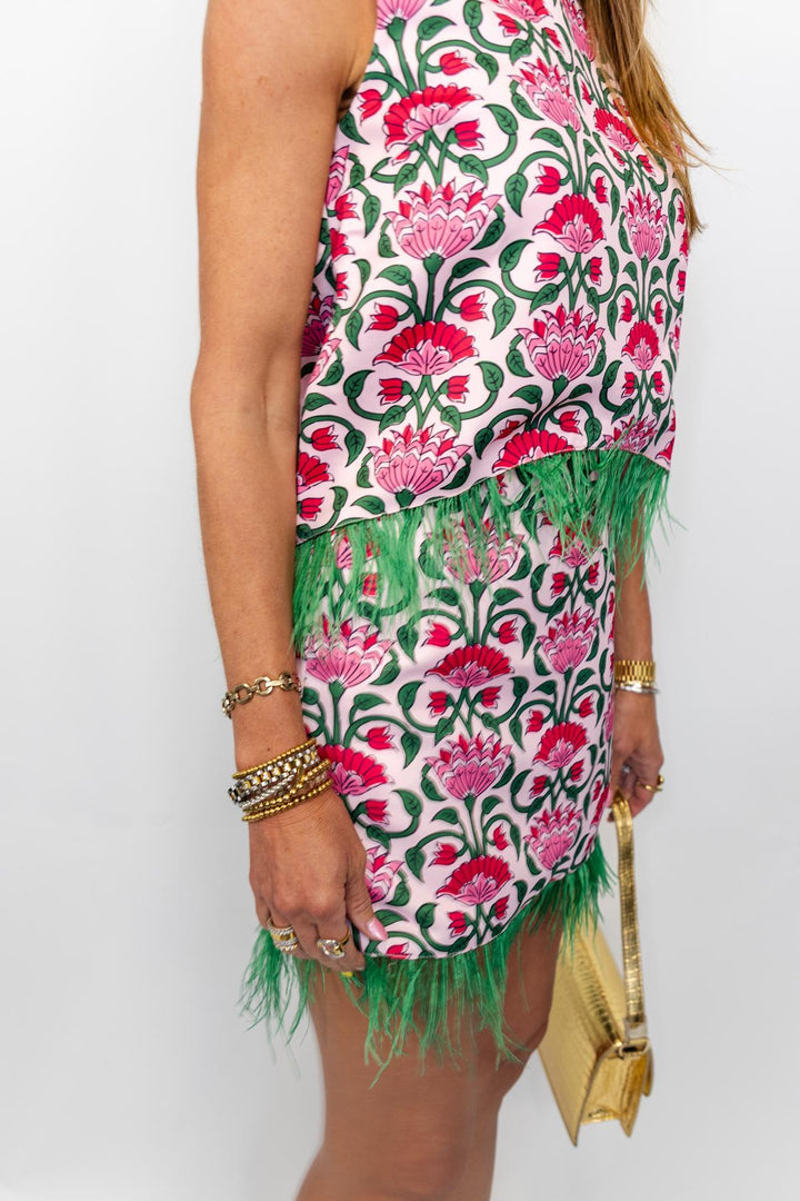 Floral Print Feather Trim Top