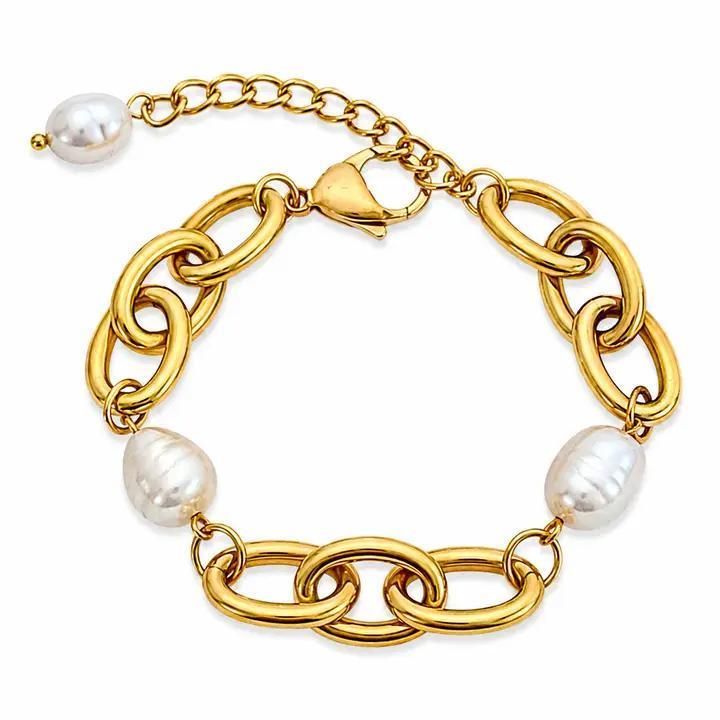 Gold Oval Link Bracelet with Baroque Pearls - view 2
