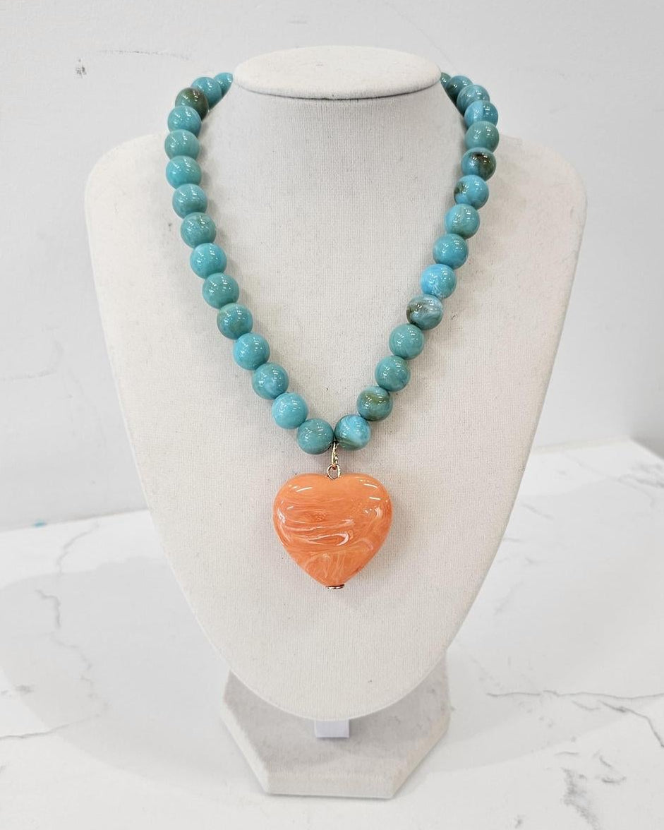 Statement Beaded Heart Necklace Turquoise