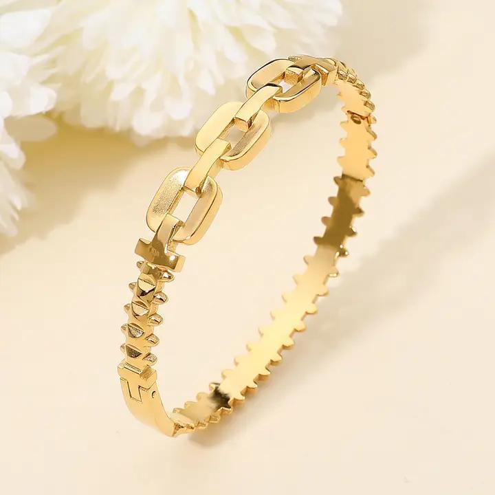 Stainless Steel Sculpted Link Hinged Bangle Bracelet
