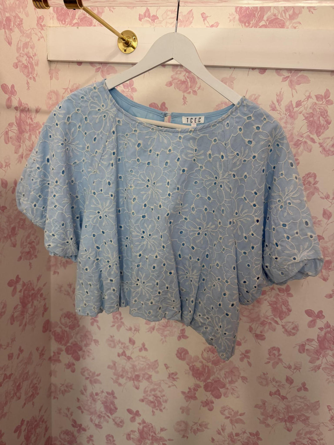 Embroidered Eyelet Bubble Sleeve Top - Abide Boutique