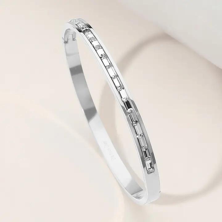 Stainless Steel Baguette Stone Paved Hinged Bangle Bracelet
