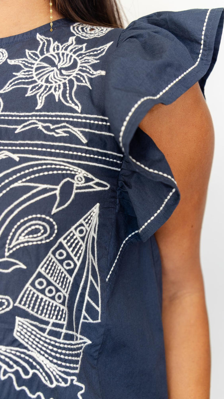 Seaside Embroidered Navy Top