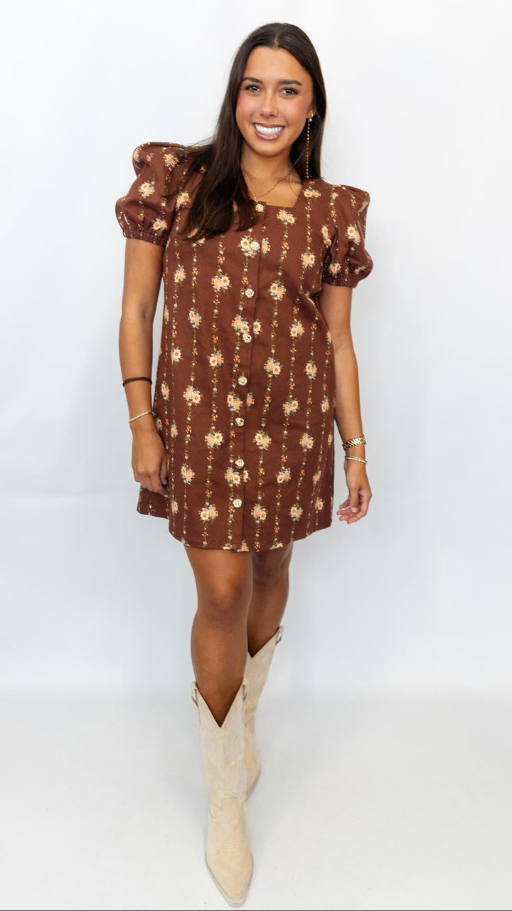 Chocolate Floral Gold Button Dress