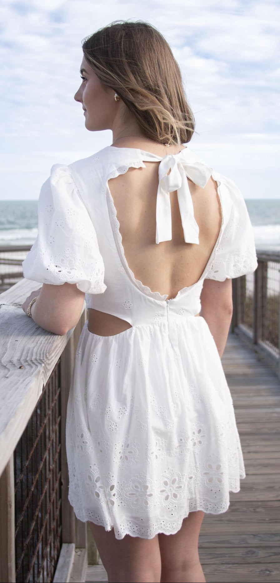 White Eyelet Puff Sleeve Tie Back Dress