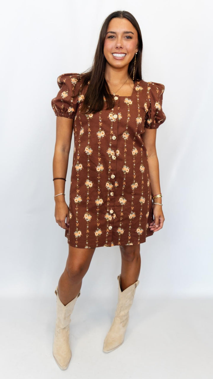 Chocolate Floral Gold Button Dress