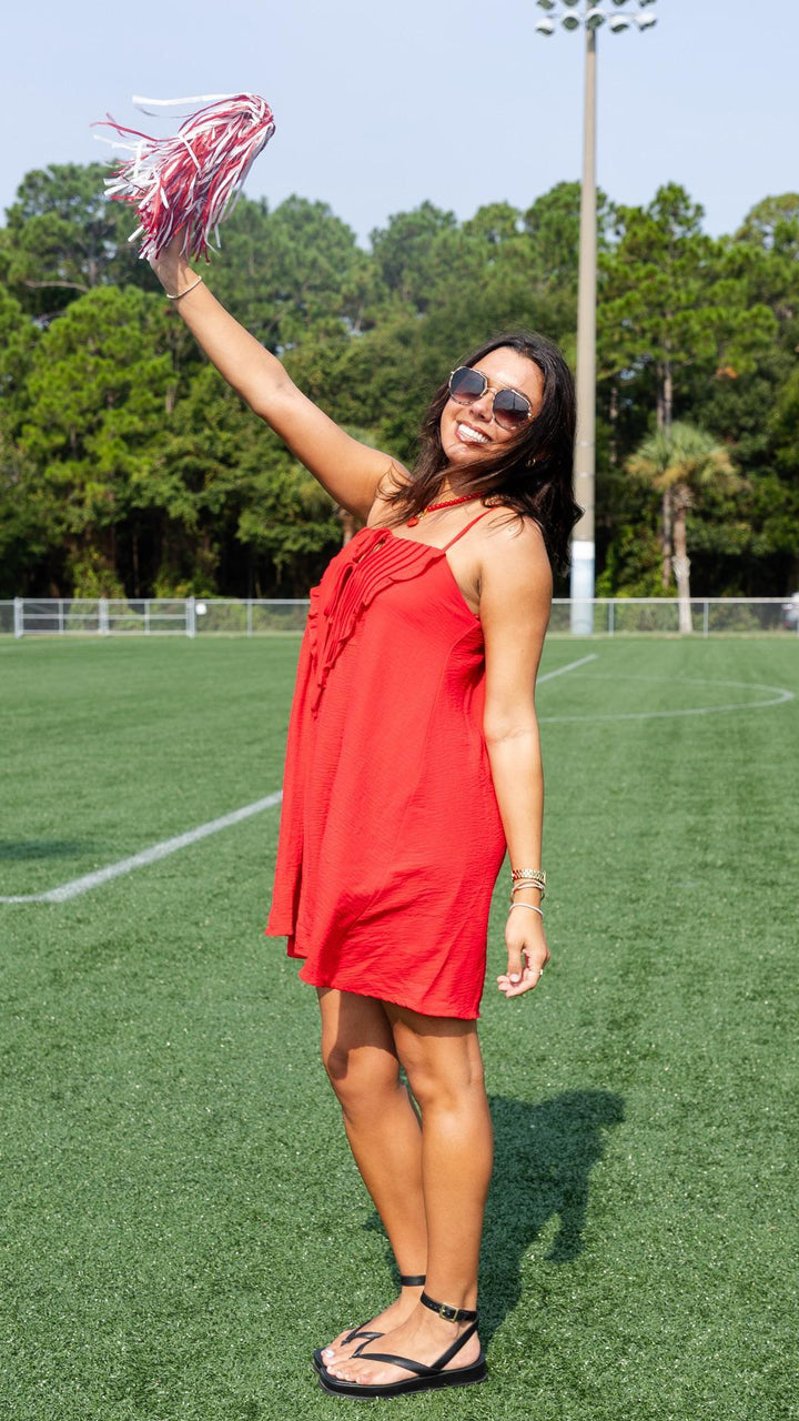 Ruffle Bib Tie-Front Mini Dress