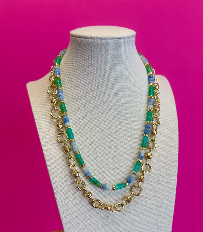Double Chain and Bead Necklace Blue