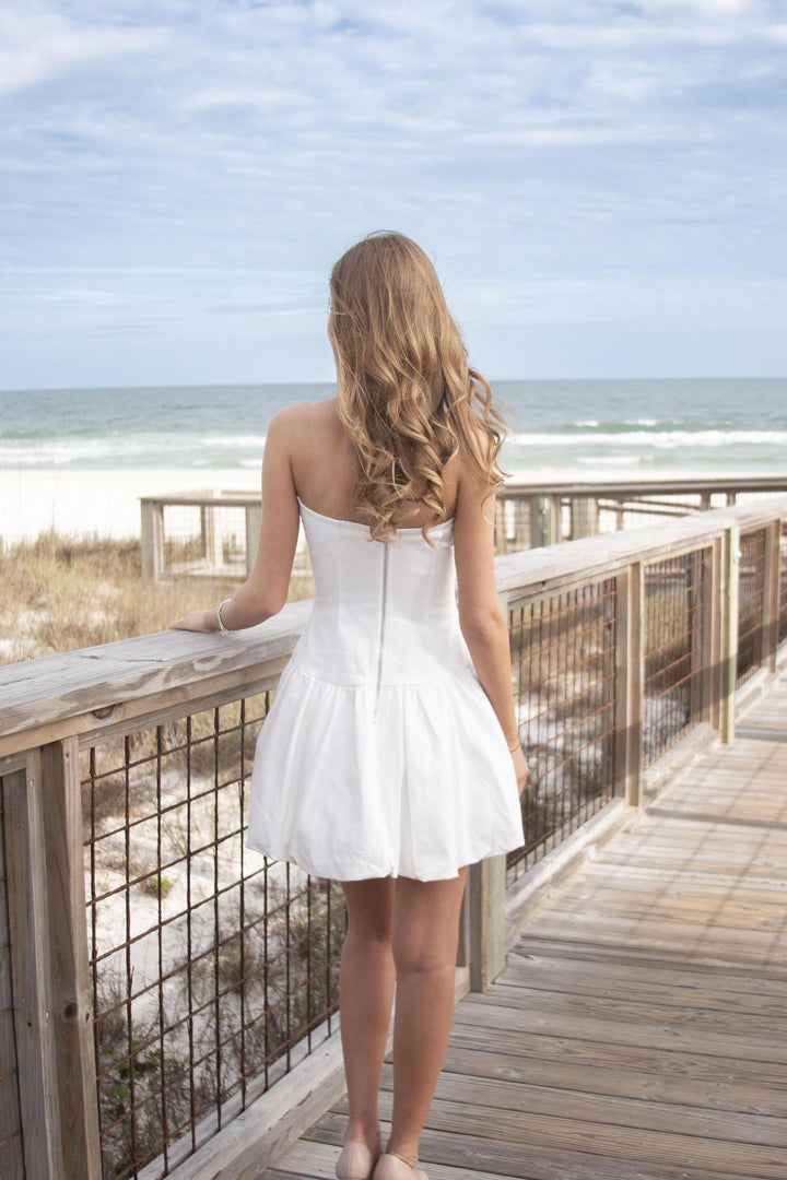 Bubble Strapless White Denim Dress