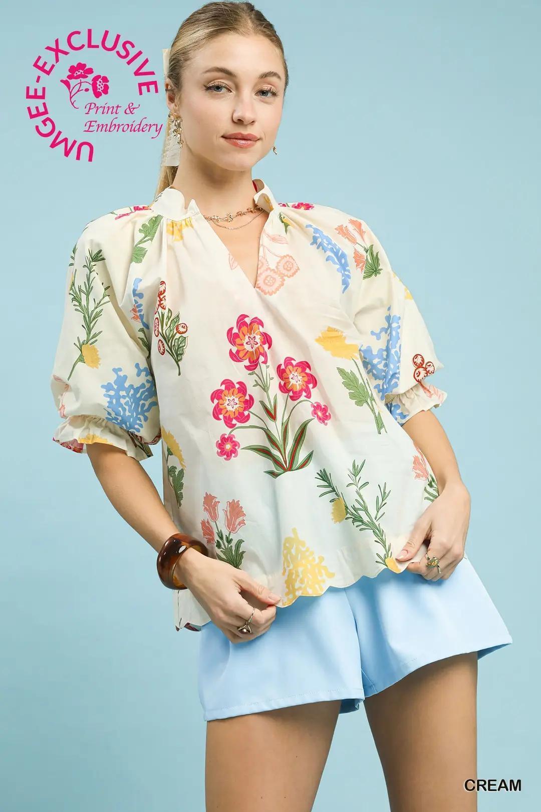 Multi Flowers Raglan Puff Top