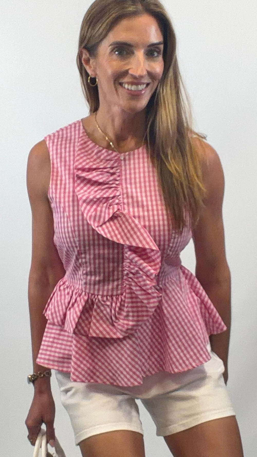 Gingham Pink Peplum Top with sleeveless – Abide Boutique