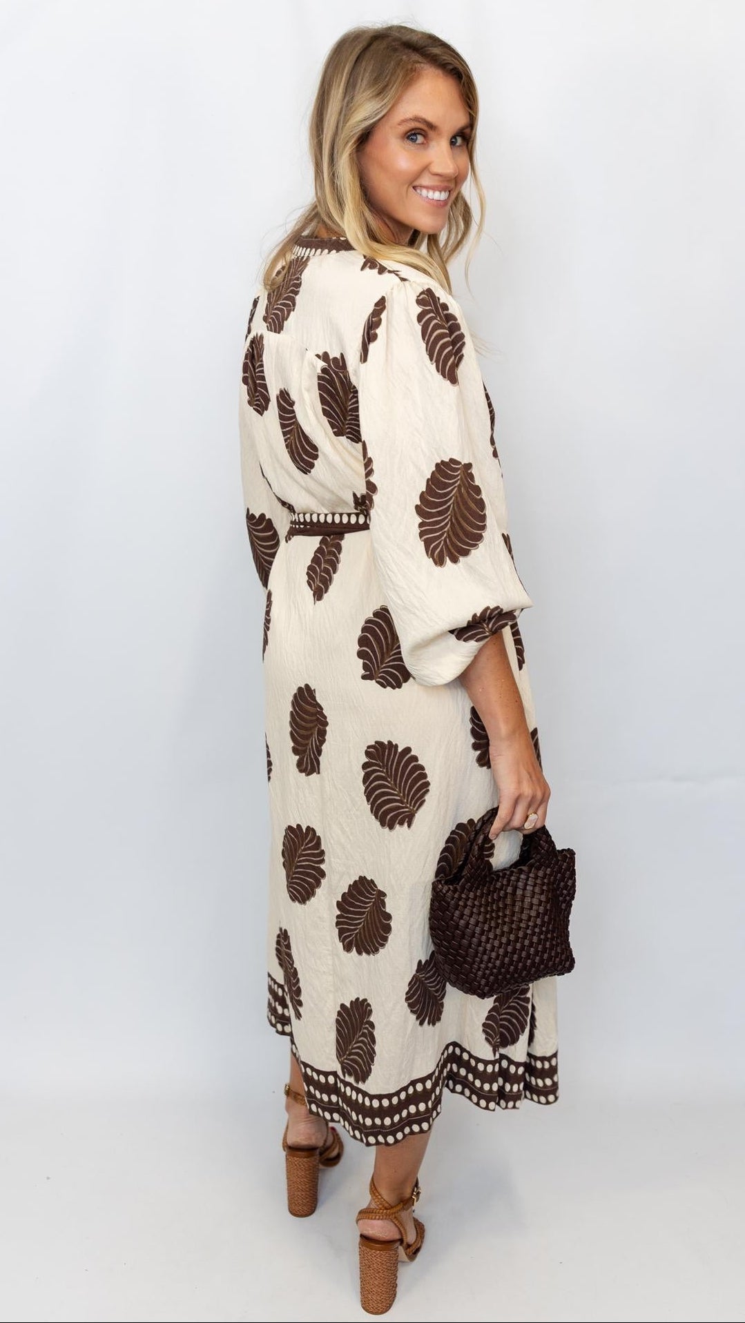 Mix Leaf Print Belted Midi Dress