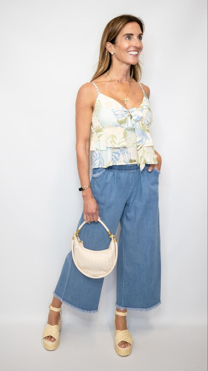 Washed Denim Pants Frayed Hem