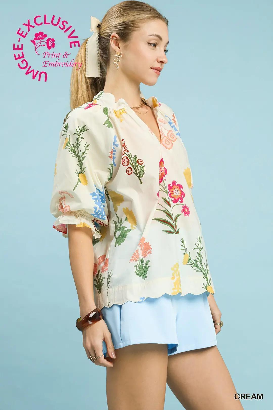 Multi Flowers Raglan Puff Top