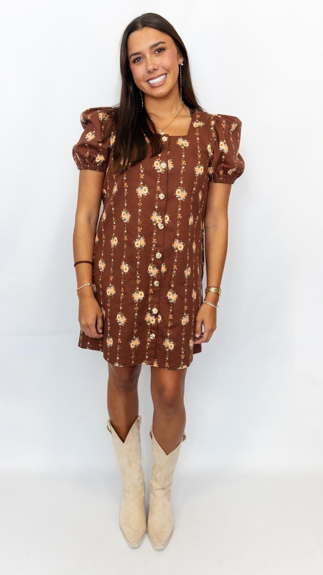 Chocolate Floral Gold Button Dress