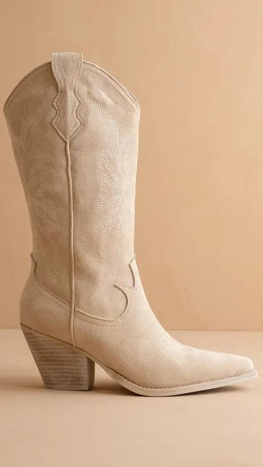 Cream Suede Western Cowboy Boot