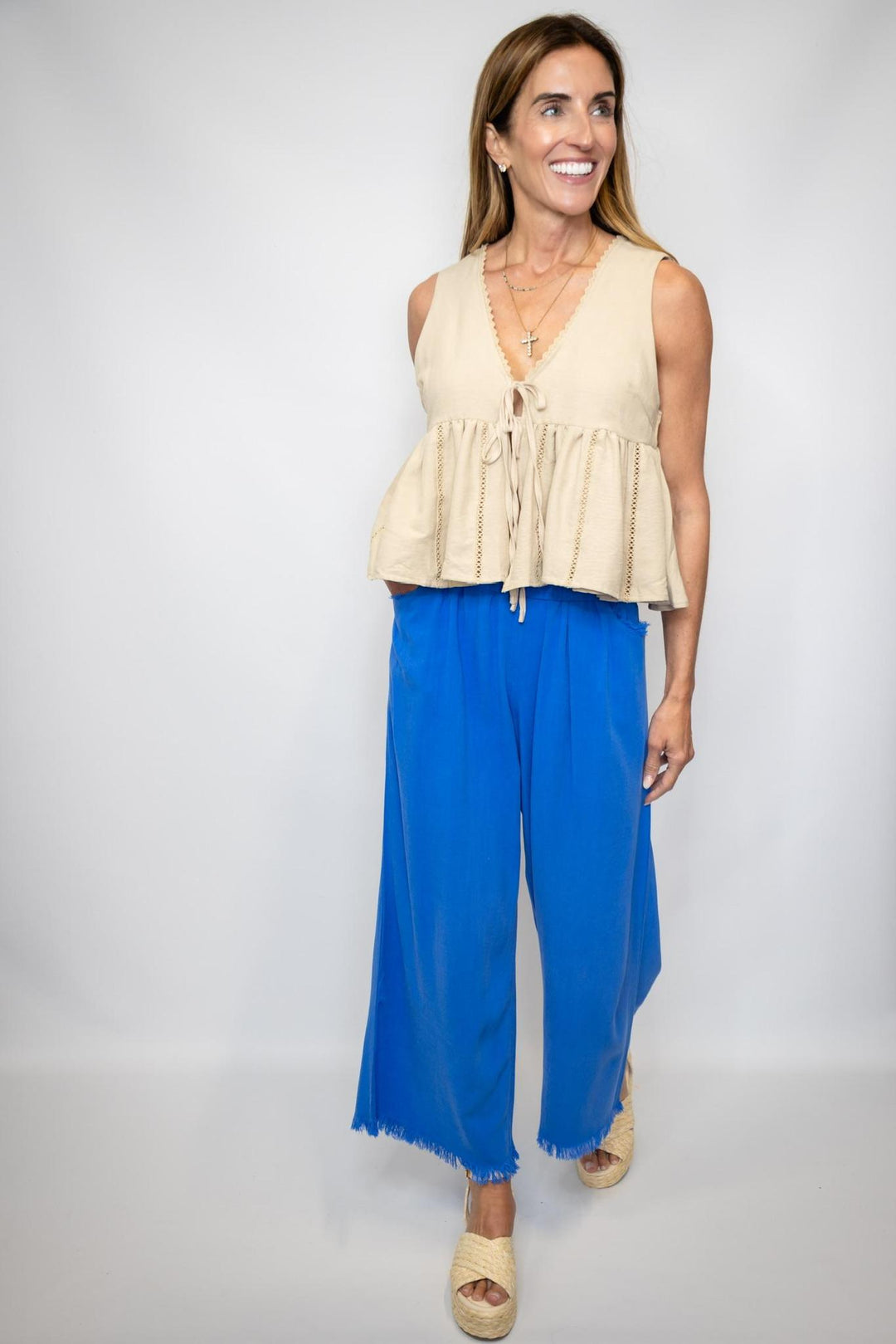 Lace Trim Tie Front Top