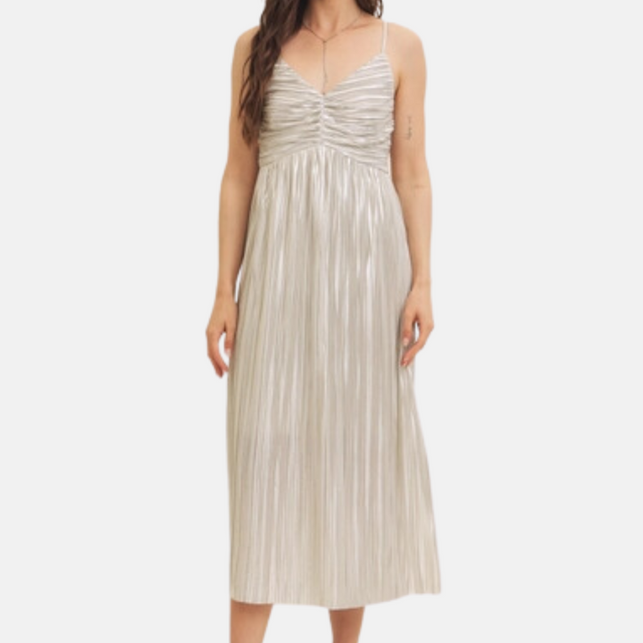 Metallic Pleated Midi Dress