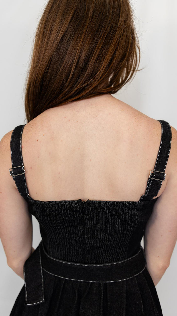 Black Denim Pintuck Mini Dress