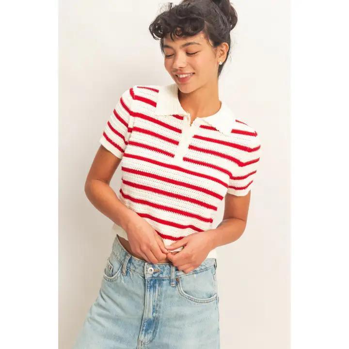 Short Sleeve Red Striped Knit Polo
