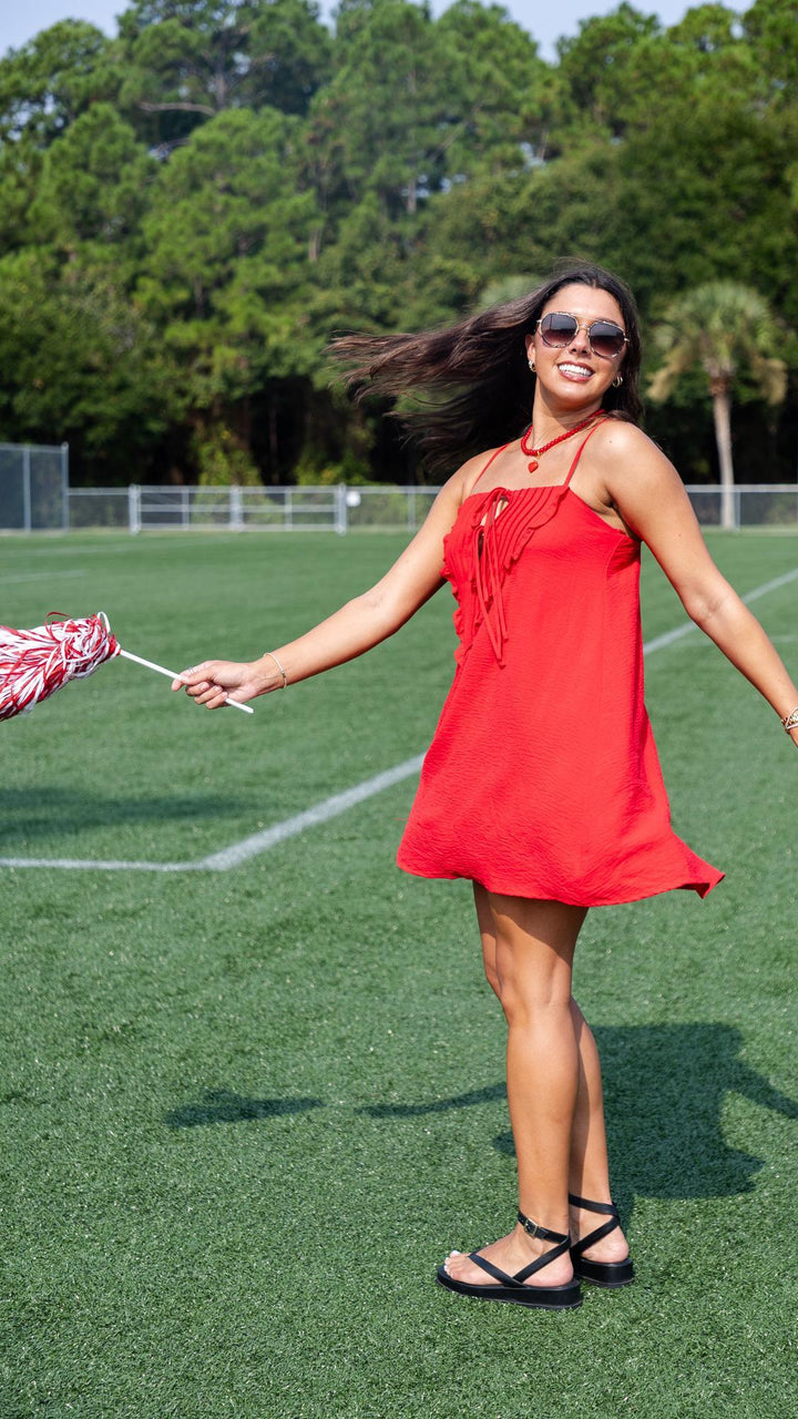 Ruffle Bib Tie-Front Mini Dress