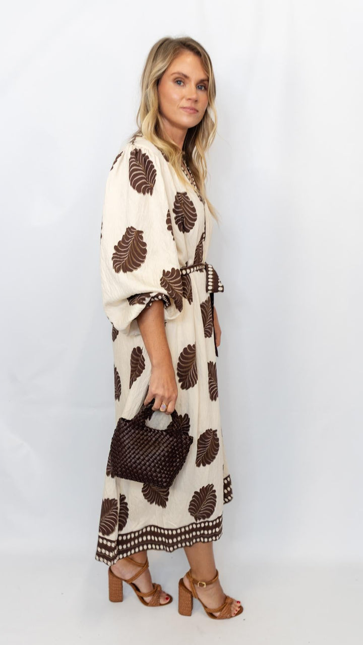 Mix Leaf Print Belted Midi Dress