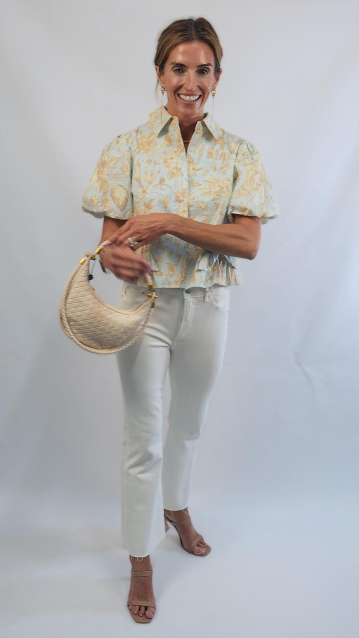 Tan Floral on Blue Top