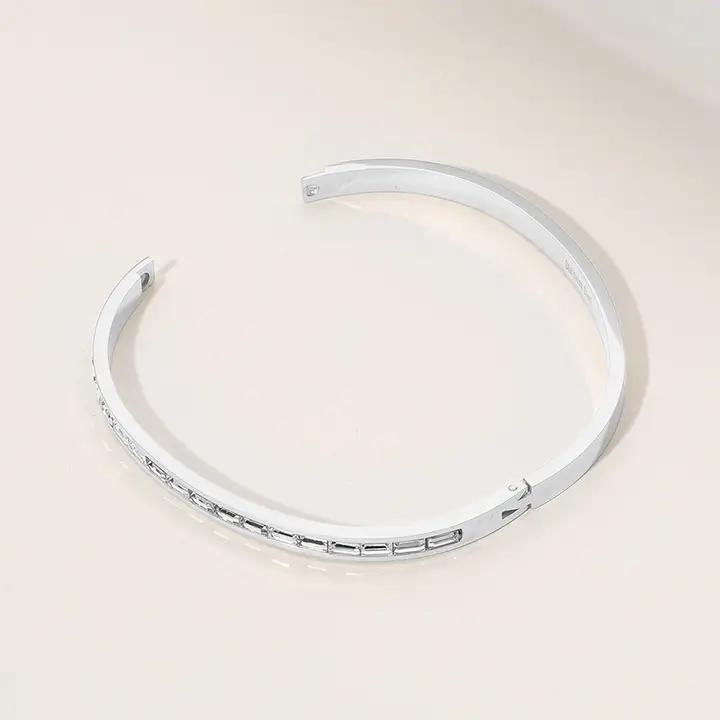 Stainless Steel Baguette Stone Paved Hinged Bangle Bracelet