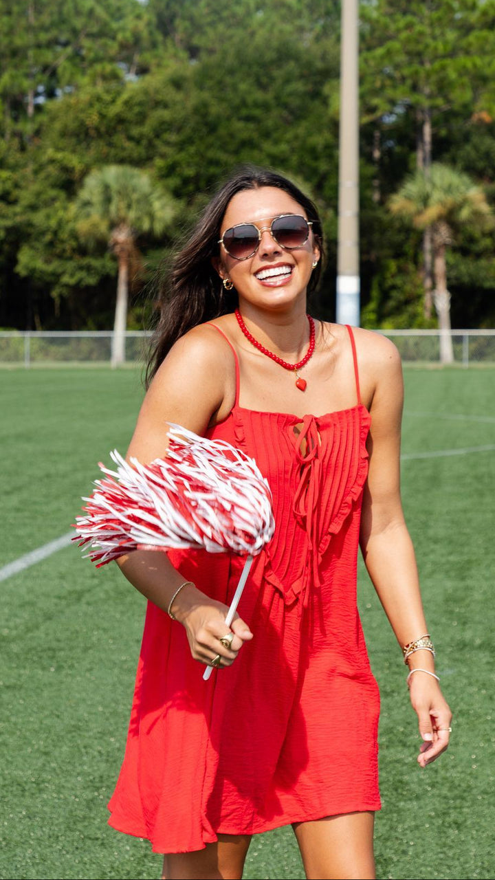 Ruffle Bib Tie-Front Mini Dress