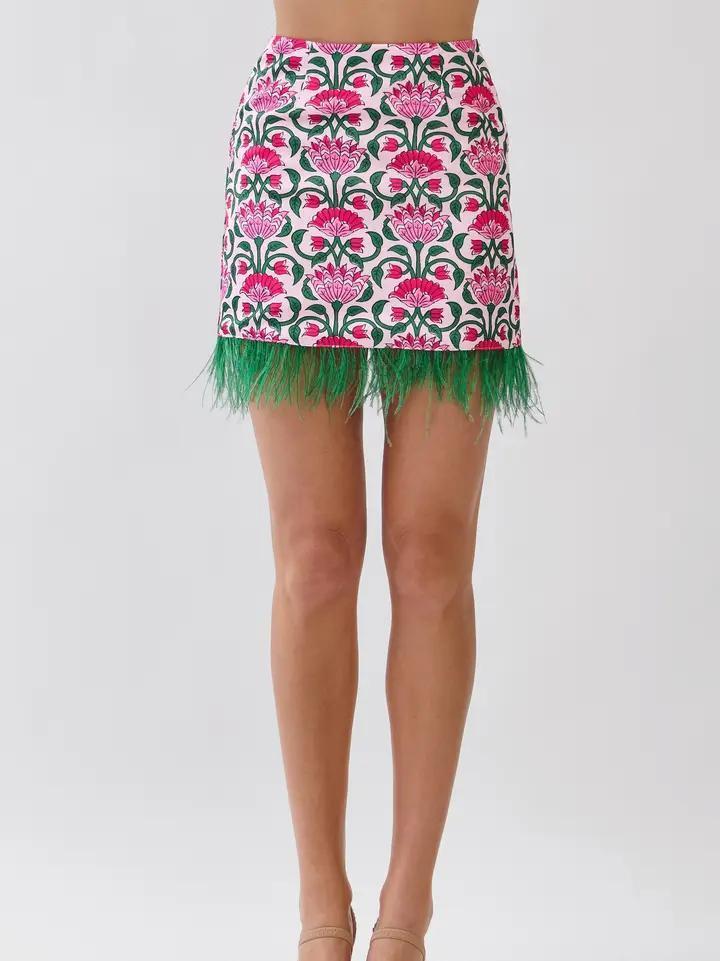 Floral Print Feather Trim Mini Skirt