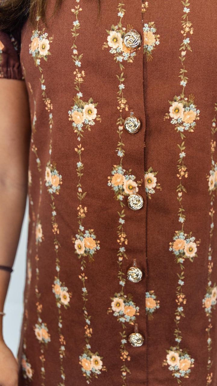 Chocolate Floral Gold Button Dress