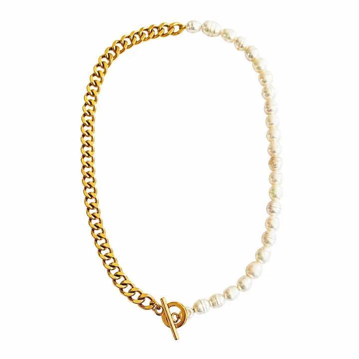 Gold Half Chain & Half Pearl Toggle Clasp Necklace
