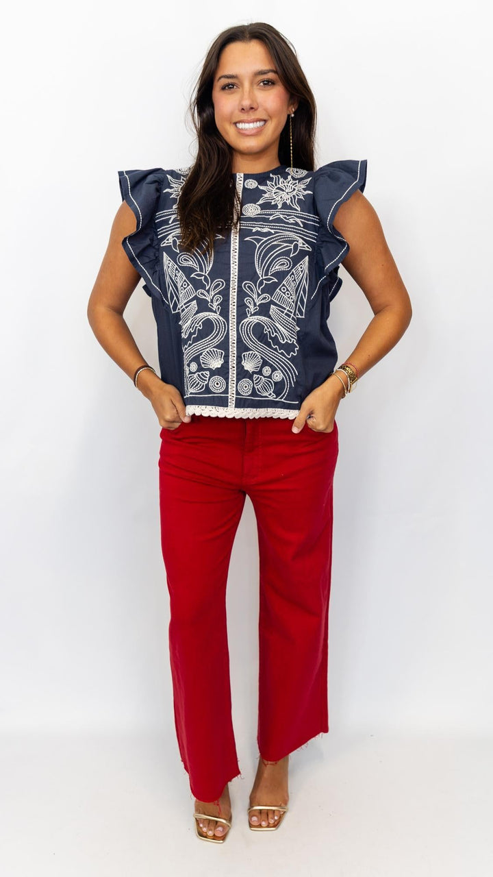 Seaside Embroidered Navy Top
