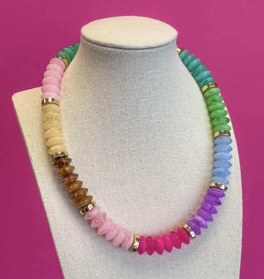Colorful Chunky Bead with Gold Bead Necklace  Multi