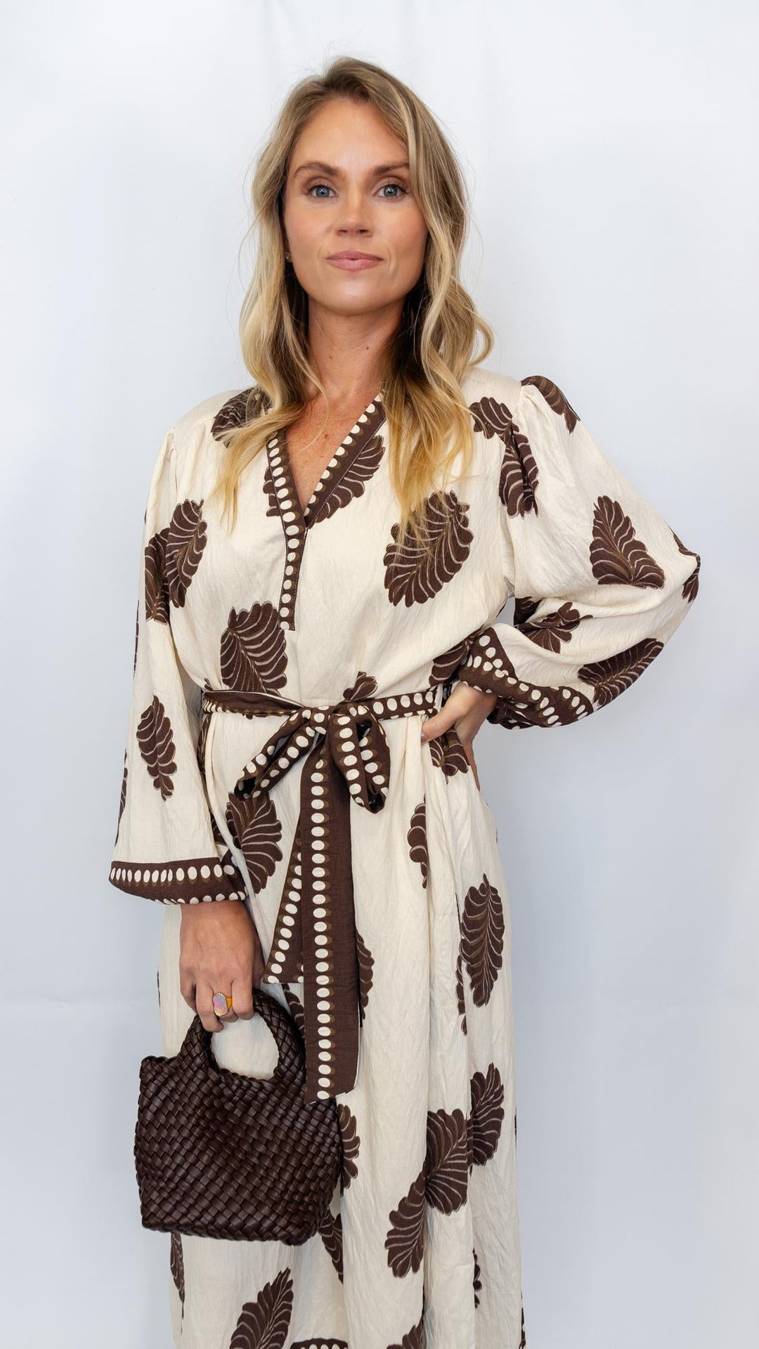 Mix Leaf Print Belted Midi Dress