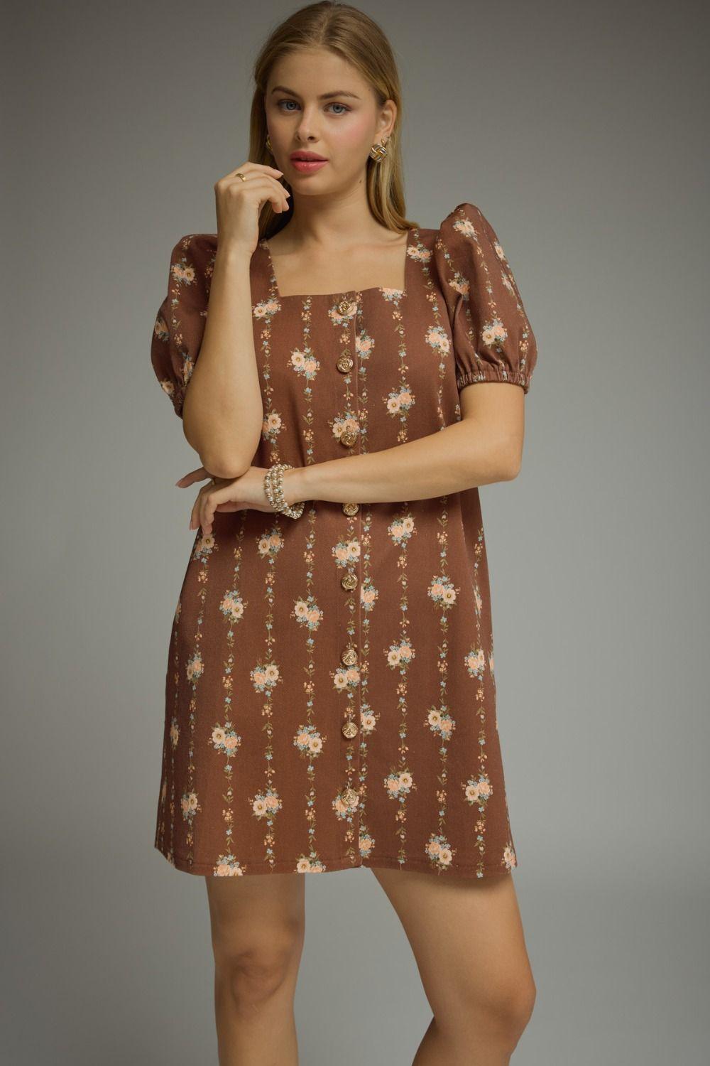 Chocolate Floral Gold Button Dress
