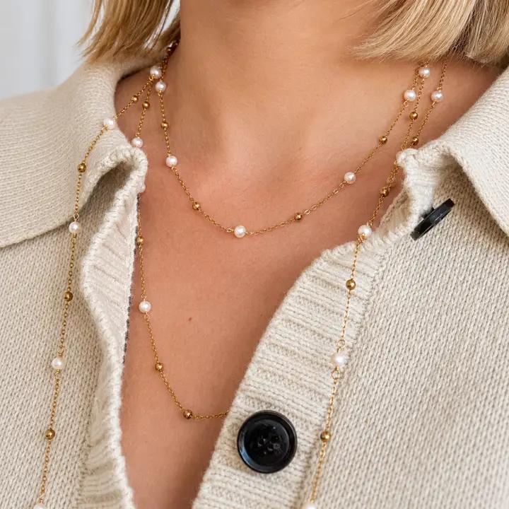 Gold Bead & Freshwater Pearl Chain Necklace 36" - view 2