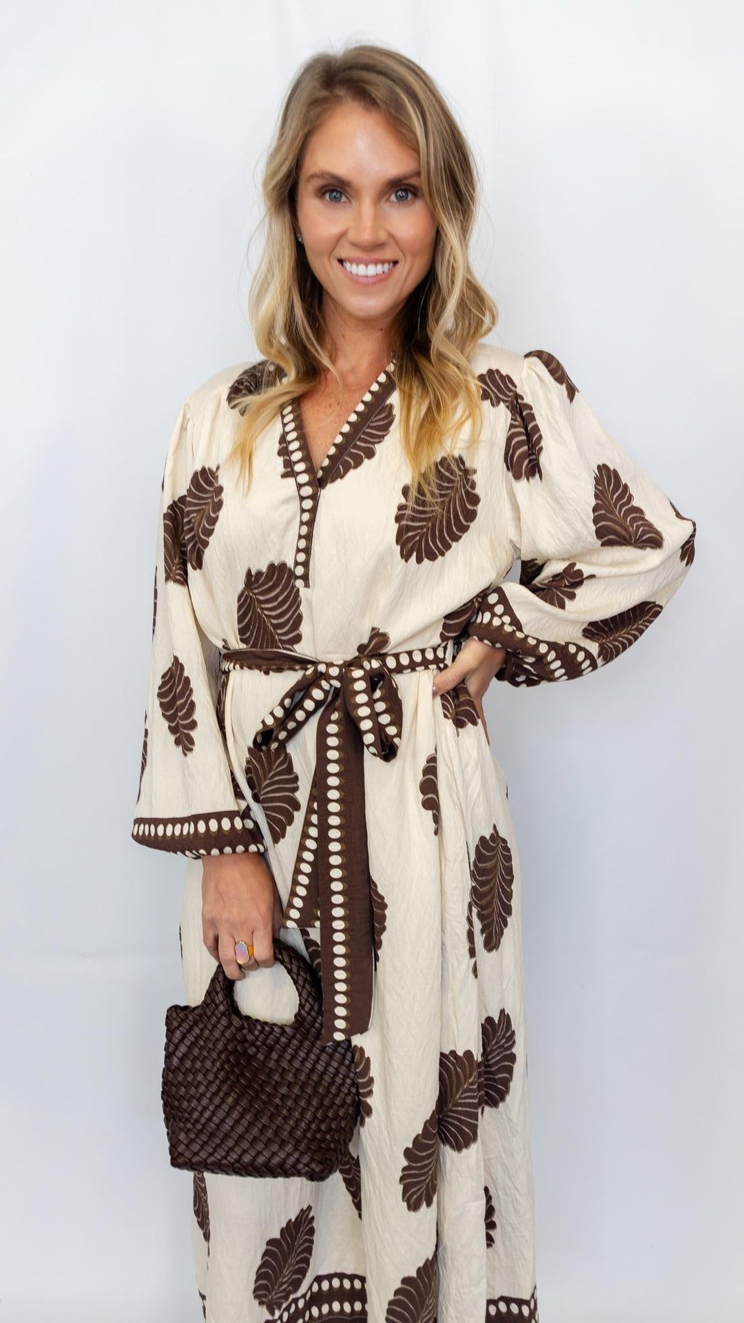Mix Leaf Print Belted Midi Dress