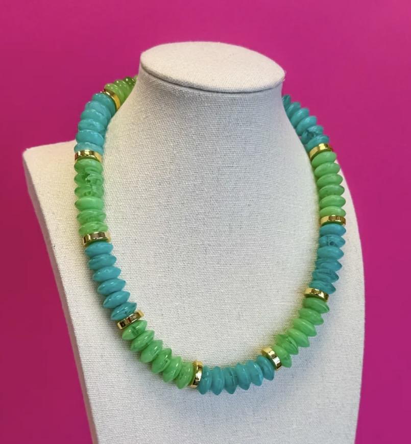 Colorful Chunky Bead with Gold Bead Necklace Green
